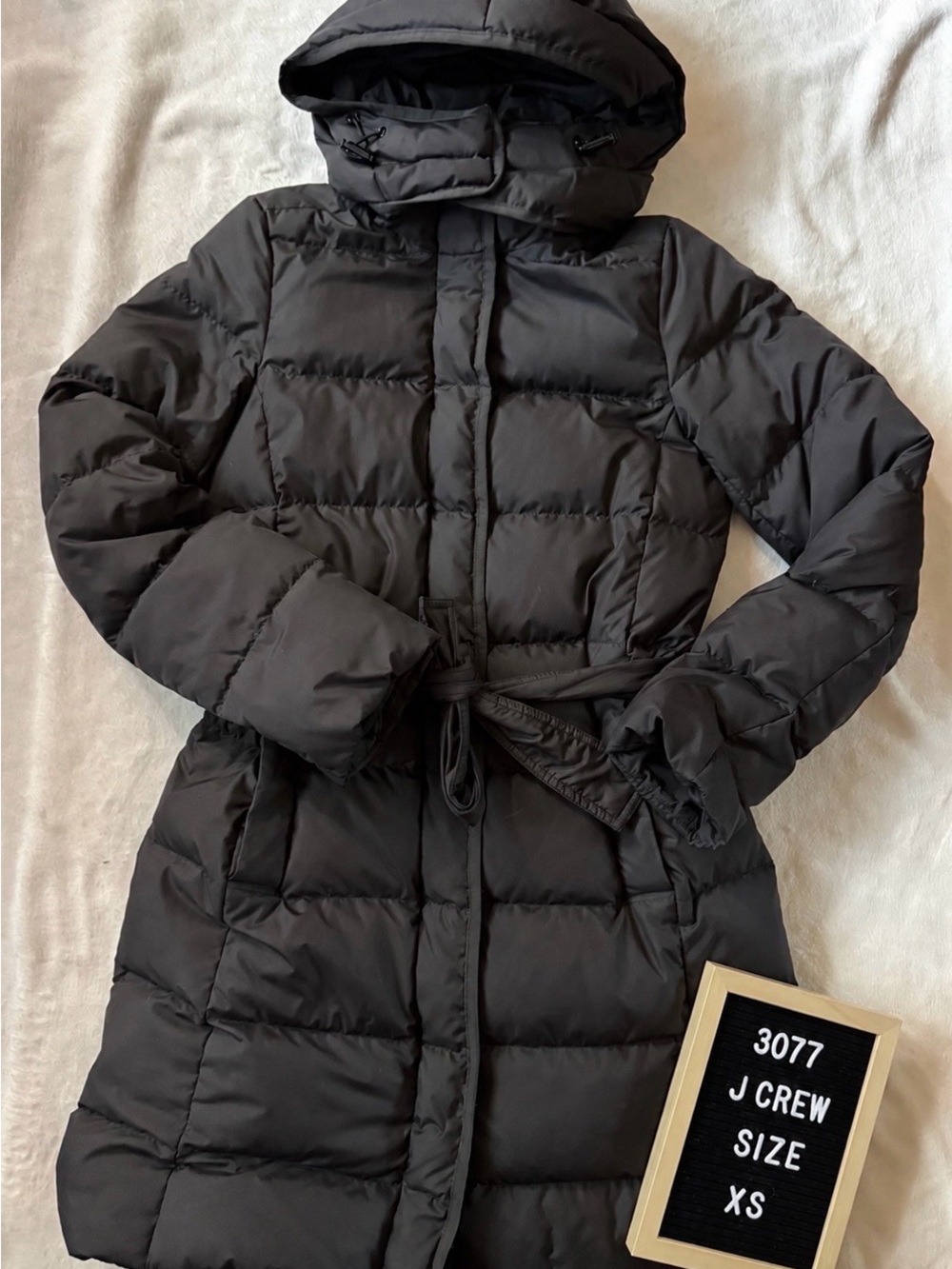 J. Crew Black Quilted Hooded Belted Puffer Jacket
